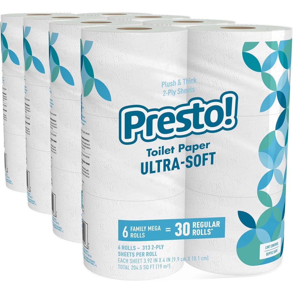 image:imageAmazon Brand  Presto 2Ply UltraSoft Toilet Paper 12 Family Mega Rolls  60 Regular Rolls Unscented 313 Sheets Per Roll313 Sheet Pack of 24