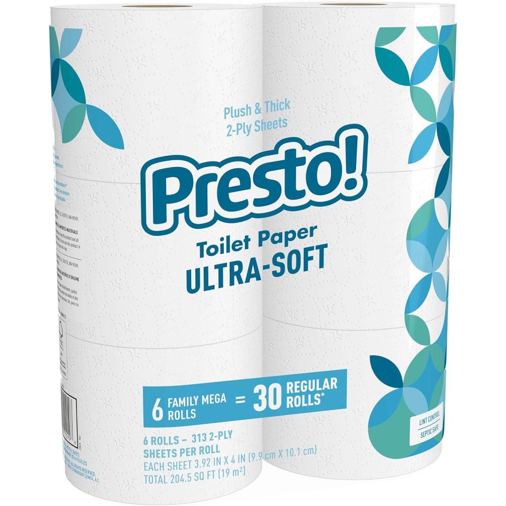 image:imageAmazon Brand  Presto 2Ply UltraSoft Toilet Paper 12 Family Mega Rolls  60 Regular Rolls Unscented 313 Sheets Per Roll313 sheet Pack of 6