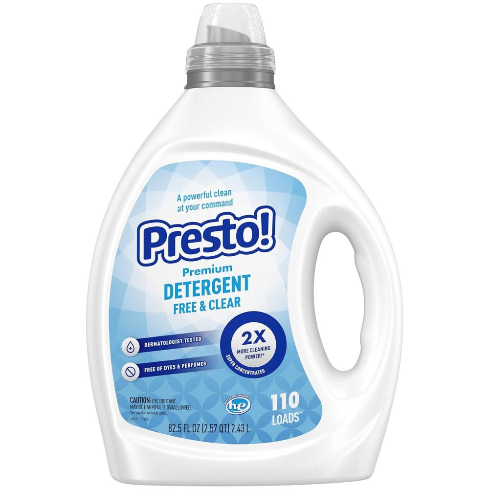 image:imageAmazon Brand  Presto Concentrated Liquid Laundry Detergent Fresh Scent 2X More Loads HE Compatible 110 Loads 825 fl ozFree  Clear