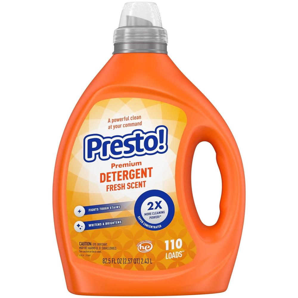 image:imageAmazon Brand  Presto Concentrated Liquid Laundry Detergent Fresh Scent 2X More Loads HE Compatible 110 Loads 825 fl ozFresh Scent