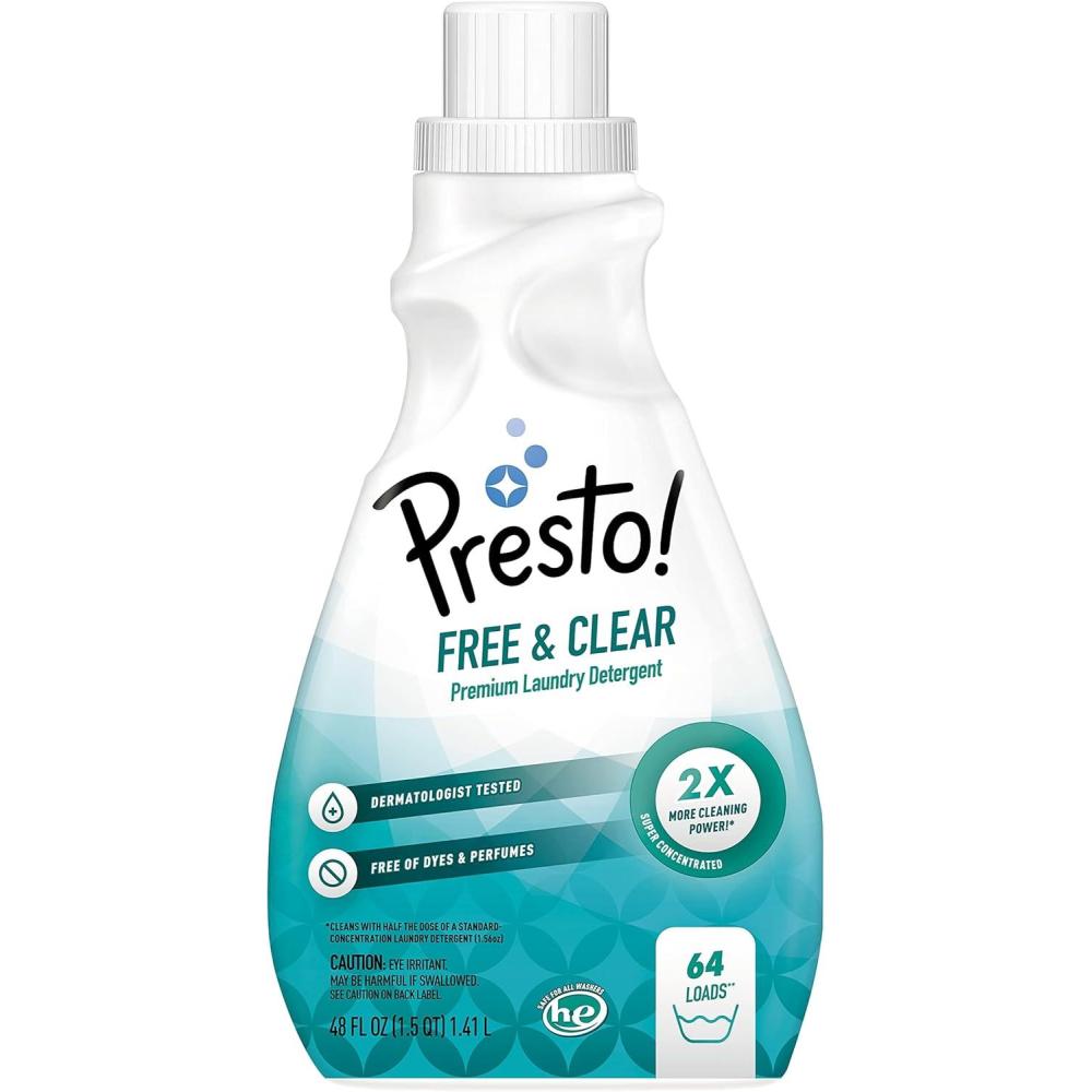image:imageAmazon Brand  Presto Concentrated Liquid Laundry Detergent Hypoallergenic Free of Perfumes amp Clear of Dyes 48 Fl Oz 64 Loads