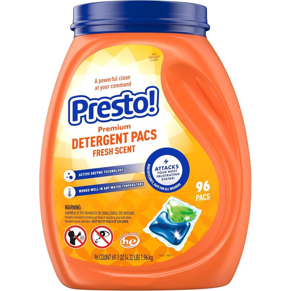 image:imageAmazon Brand  Presto Laundry Detergent Pacs Fresh Scent 3in1 Stain Remover and Odor Fighter HE Compatible 96 CountFresh Scent