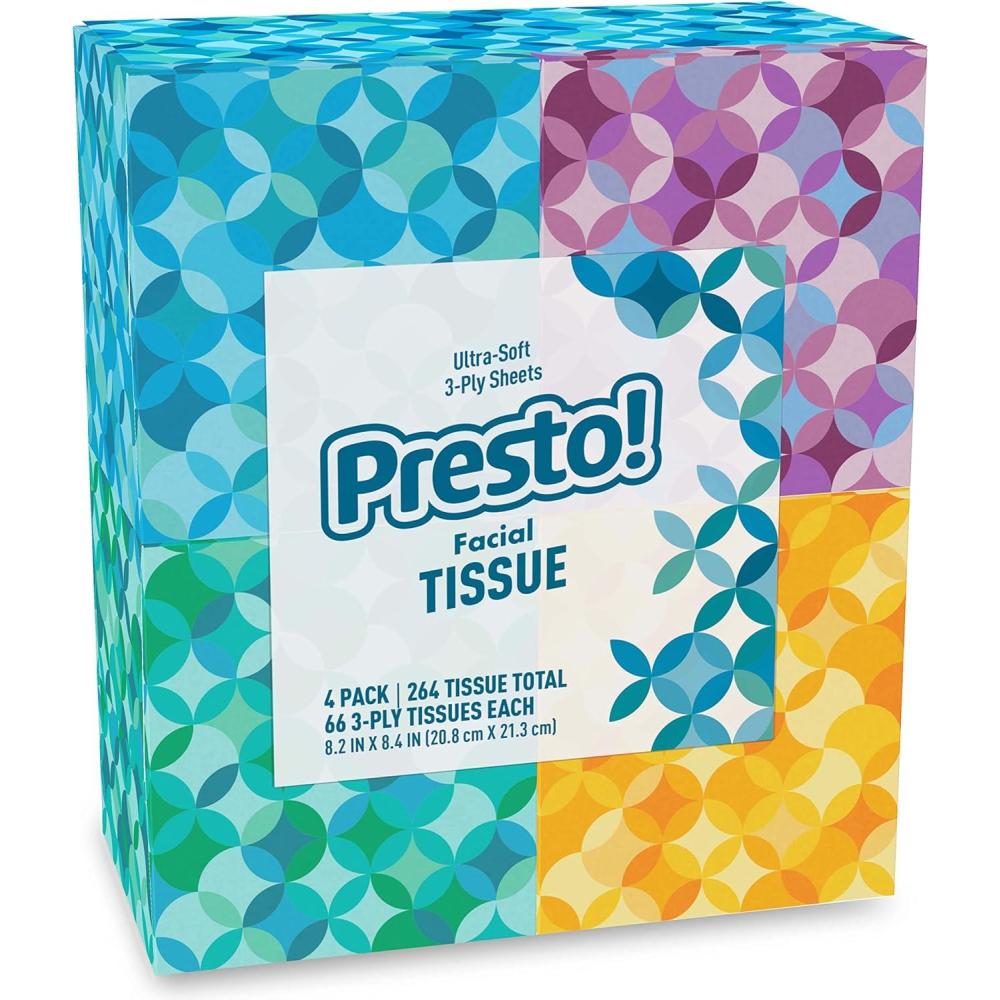 image:imageAmazon Brand  Presto UltraSoft Facial Tissues 3Ply Premium Thick 264 Count 4 Packs of 66