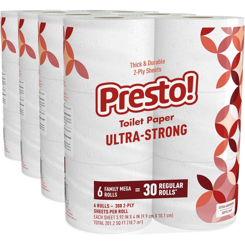 image:imageAmazon Brand  Presto UltraStrong 2Ply Toilet Paper 24 Mega Rolls  120 Regular Rolls 308 Sheets Per Roll Unscented308 Sheet Pack of 24