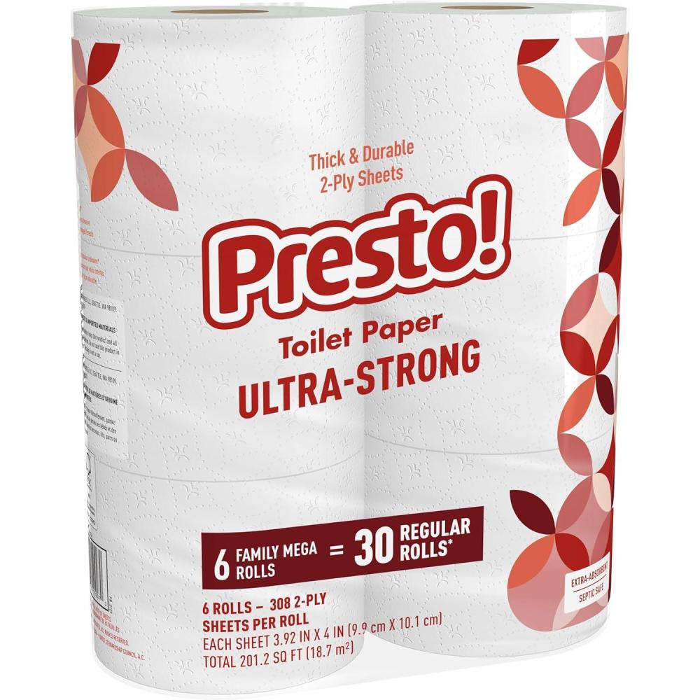 image:imageAmazon Brand  Presto UltraStrong 2Ply Toilet Paper 24 Mega Rolls  120 Regular Rolls 308 Sheets Per Roll Unscented308 Sheet Pack of 6