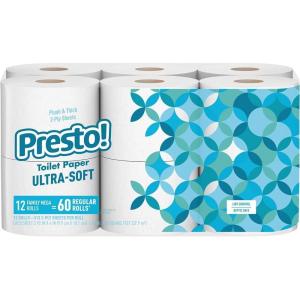 Amazon Brand – Presto! 2-Ply Ultra-Soft Toilet Paper, 12 Family Mega Rolls = 60 Regular Rolls, Unscented, 313 Sheets Per Roll(313 Sheet (Pack of 12))