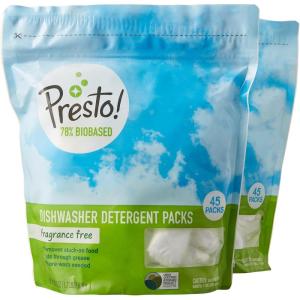 Amazon Brand – Presto! 78% Biobased Dishwasher Detergent Packs, Unscented, 90 Count (2 Packs of 45)