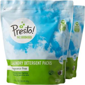 Amazon Brand – Presto! 94% Biobased Laundry Detergent Packs, Hypoallergenic and Fragrance Free, 90 Loads, 45 Count (Pack of 2)