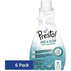 Amazon Brand – Presto! Concentrated Liquid Laundry Detergent, Free & Clear, Hypoallergenic, Free of Perfumes Clear of Dyes, 384 Loads, 48 fl oz (Pack of 6) (64 Loads Each)