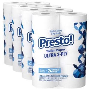 Amazon Brand – Presto! FSC Certified 319 Sheet Roll Toilet Paper, Ultra 3-Ply, Unscented, 6 Rolls (Pack of 4), 24 Mega Rolls = 96 Regular Rolls, 7656 Count