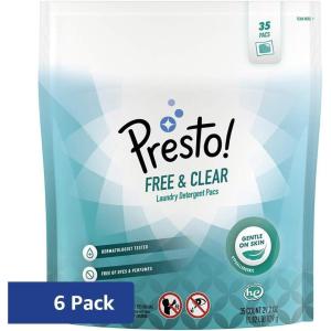 Amazon Brand – Presto! Laundry Detergent Pacs, Free & Clear, Hypoallergenic, Free of Perfumes Clear of Dyes, 210 Count (6 Packs of 35)