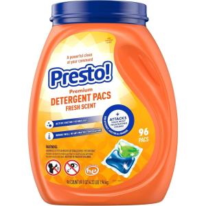 Amazon Brand – Presto! Laundry Detergent Pacs, Fresh Scent, 3-in-1 Stain Remover and Odor Fighter, HE Compatible, 96 Count(Fresh Scent)