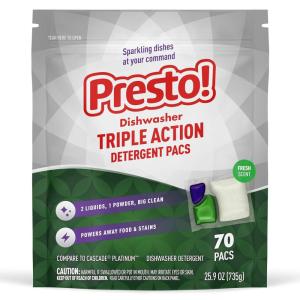 Amazon Brand – Presto! Triple Action Dishwasher Pacs, Anti-spotting, Fresh Scent, No Phosphates or Chlorine, 70 Count(Fresh)