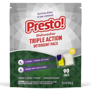 Amazon Brand – Presto! Triple Action Dishwasher Pacs, Anti-spotting, Fresh Scent, No Phosphates or Chlorine, 70 Count(Lemon)