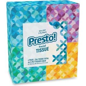 Amazon Brand – Presto! Ultra-Soft Facial Tissues, 3-Ply Premium Thick, 264 Count (4 Packs of 66)