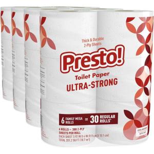 Amazon Brand – Presto! Ultra-Strong 2-Ply Toilet Paper, 24 Mega Rolls = 120 Regular Rolls, 308 Sheets Per Roll, Unscented(308 Sheet (Pack of 24))